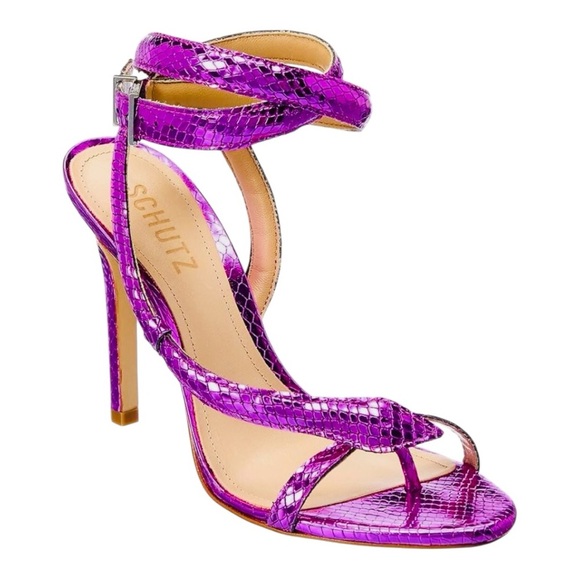 SCHUTZ Courtney High Couro Roxo Metallic Violet Embossed Sandals Shoes 7B - Picture 13 of 15